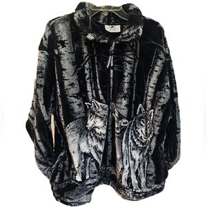 Black Mountain Outdoor Wolf Print Blabket Style Zip Up Jacket Black and White XL